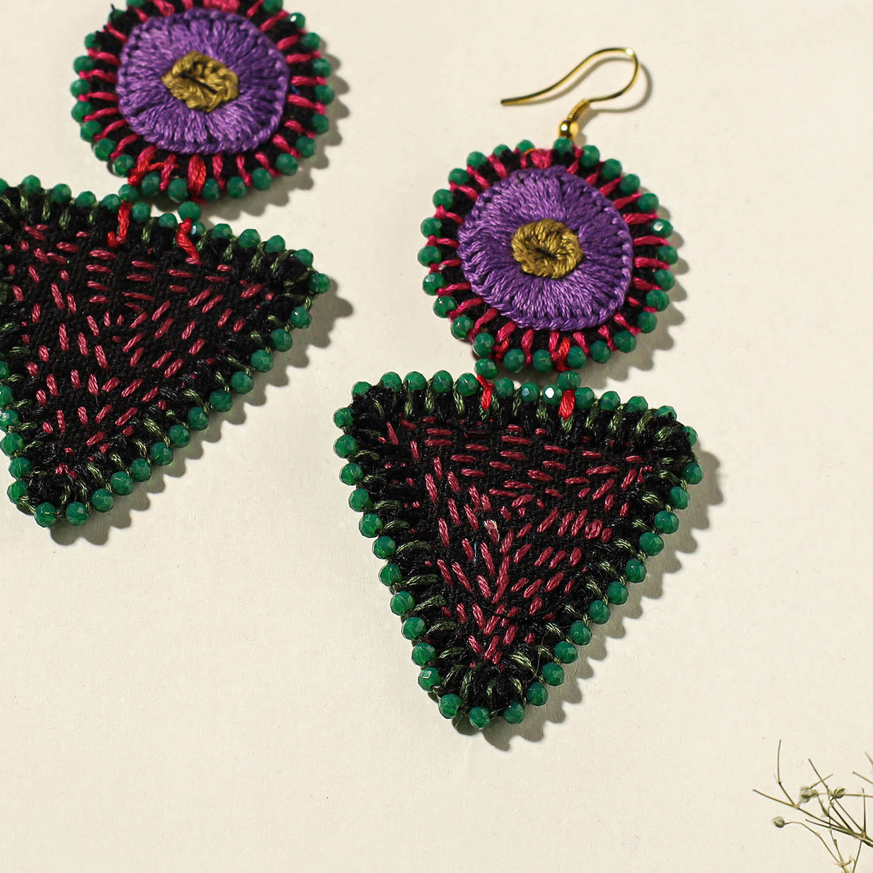 Hand Embroidered Fabart Beadwork Earrings by Rangila Dhaga