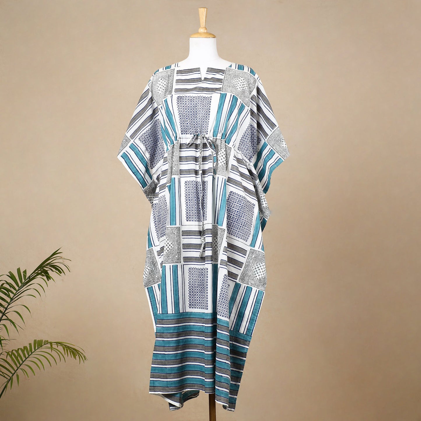Hand Block Printed Cotton Kaftan with Tie-Up Waist