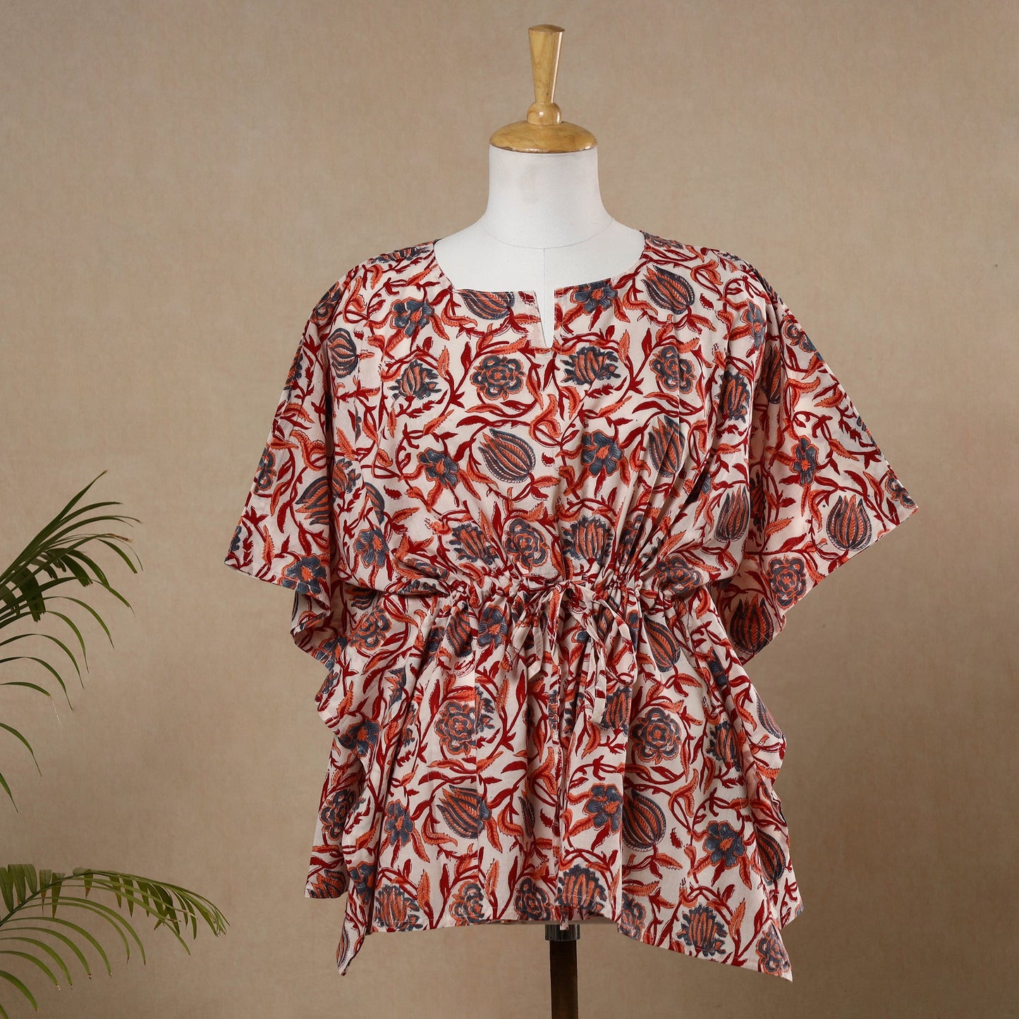 Hand Block Printed Cotton Kaftan with Tie-Up Waist