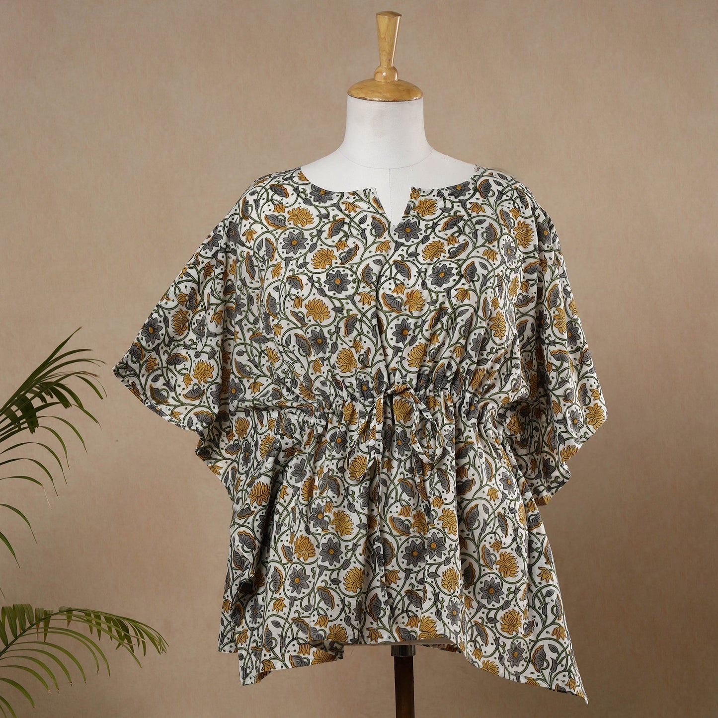 Hand Block Printed Cotton Kaftan with Tie-Up Waist