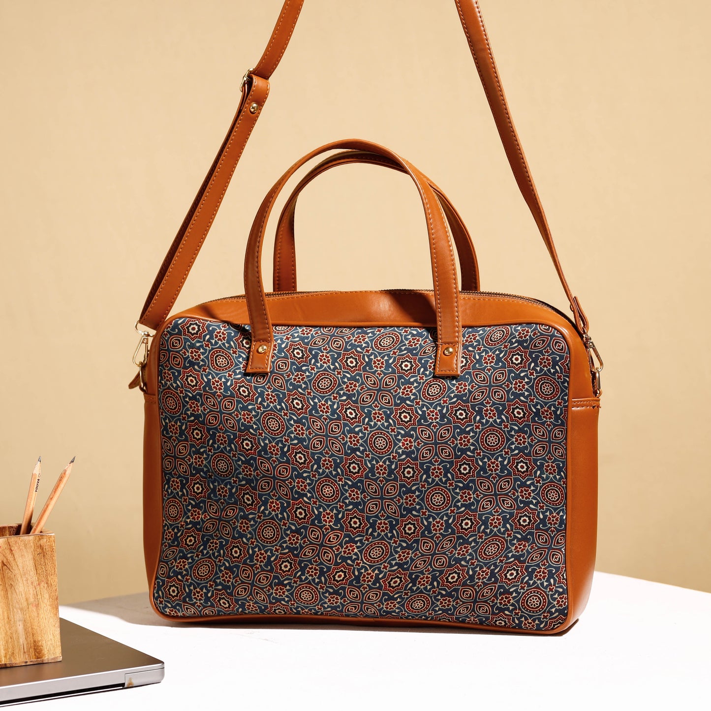 Handcrafted Ajrakh Block Printed Modal Silk Laptop Bag