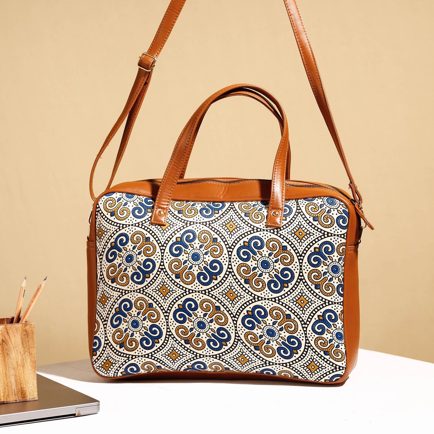 Handcrafted Ajrakh Block Printed Modal Silk Laptop Bag