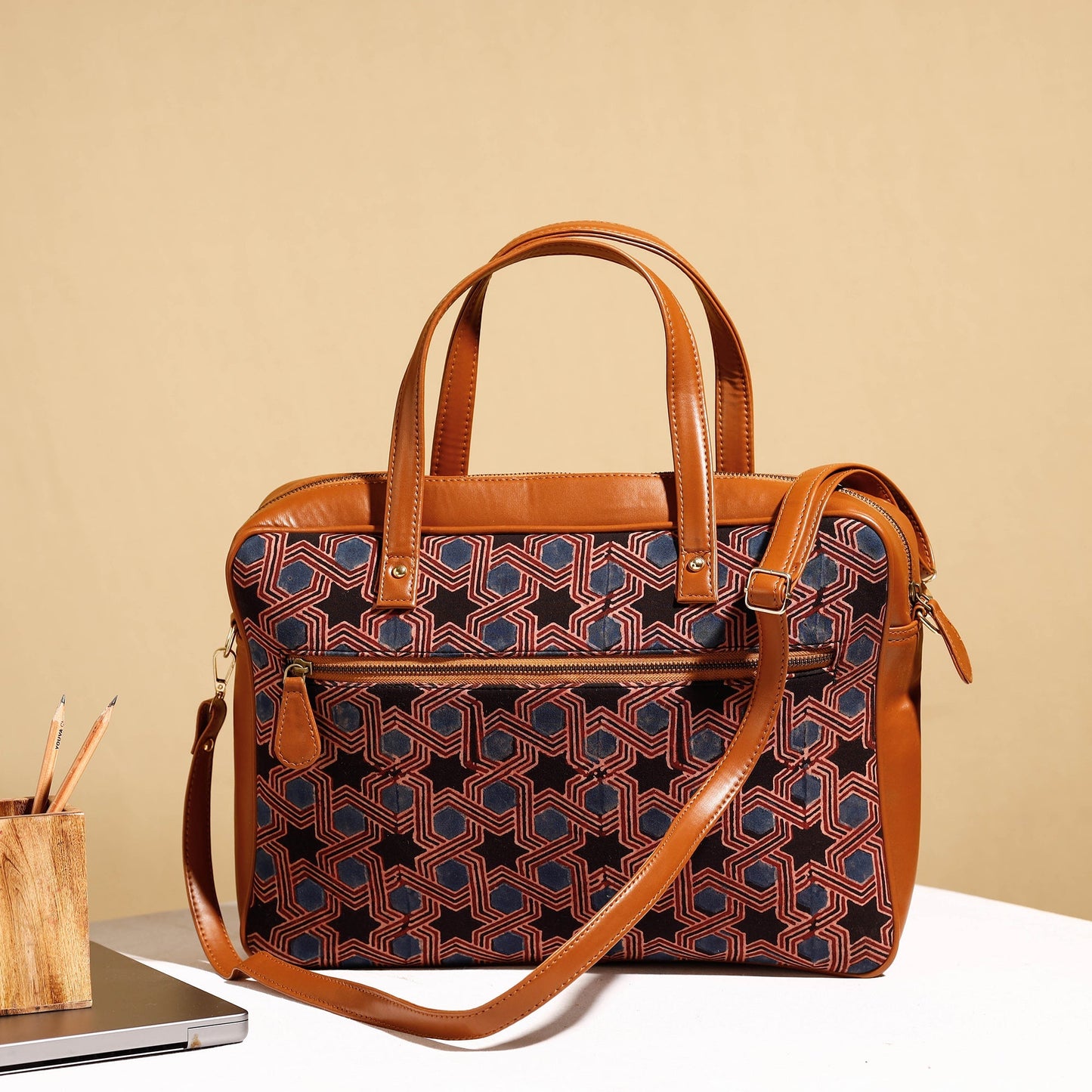Handcrafted Ajrakh Block Printed Modal Silk Laptop Bag