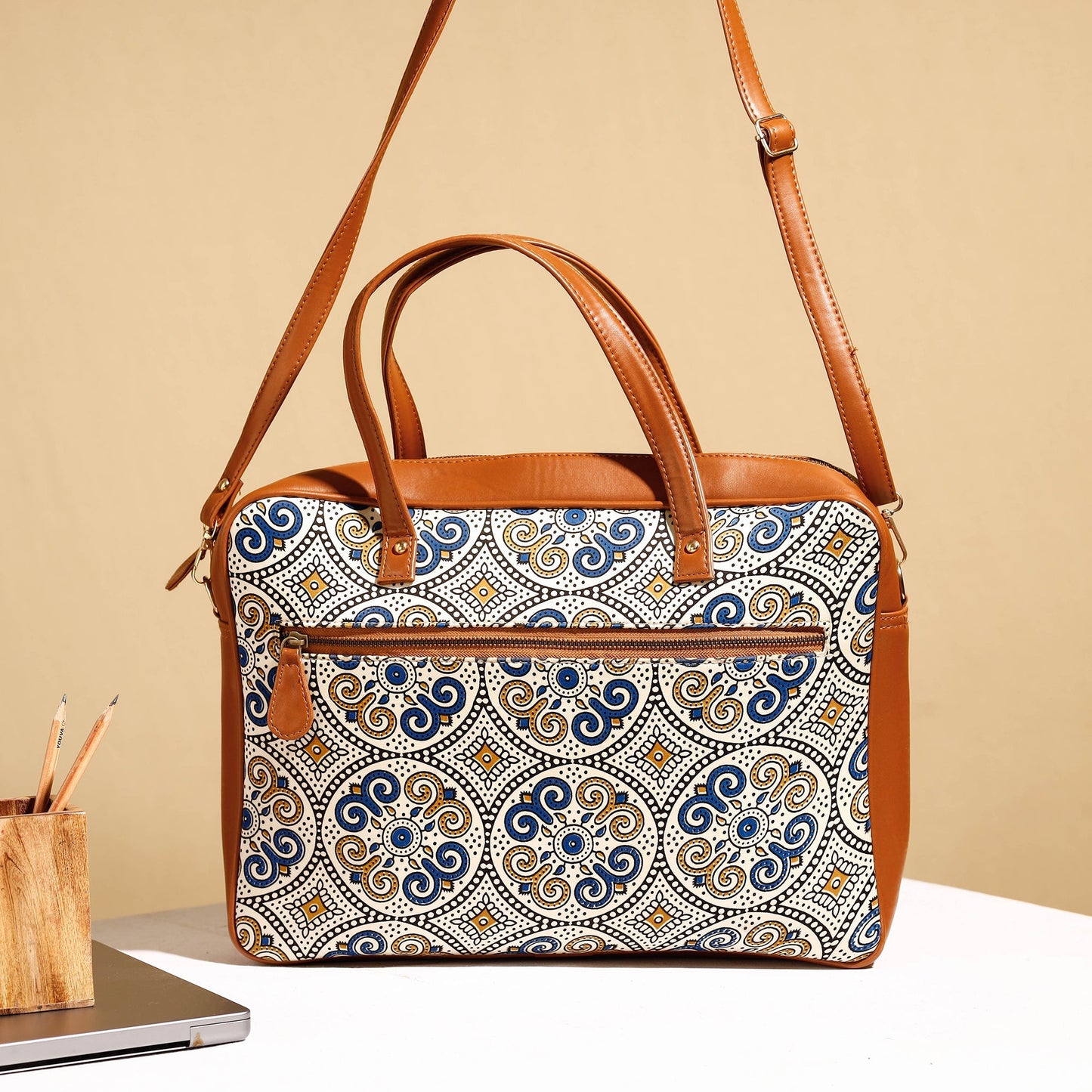 Handcrafted Ajrakh Block Printed Modal Silk Laptop Bag