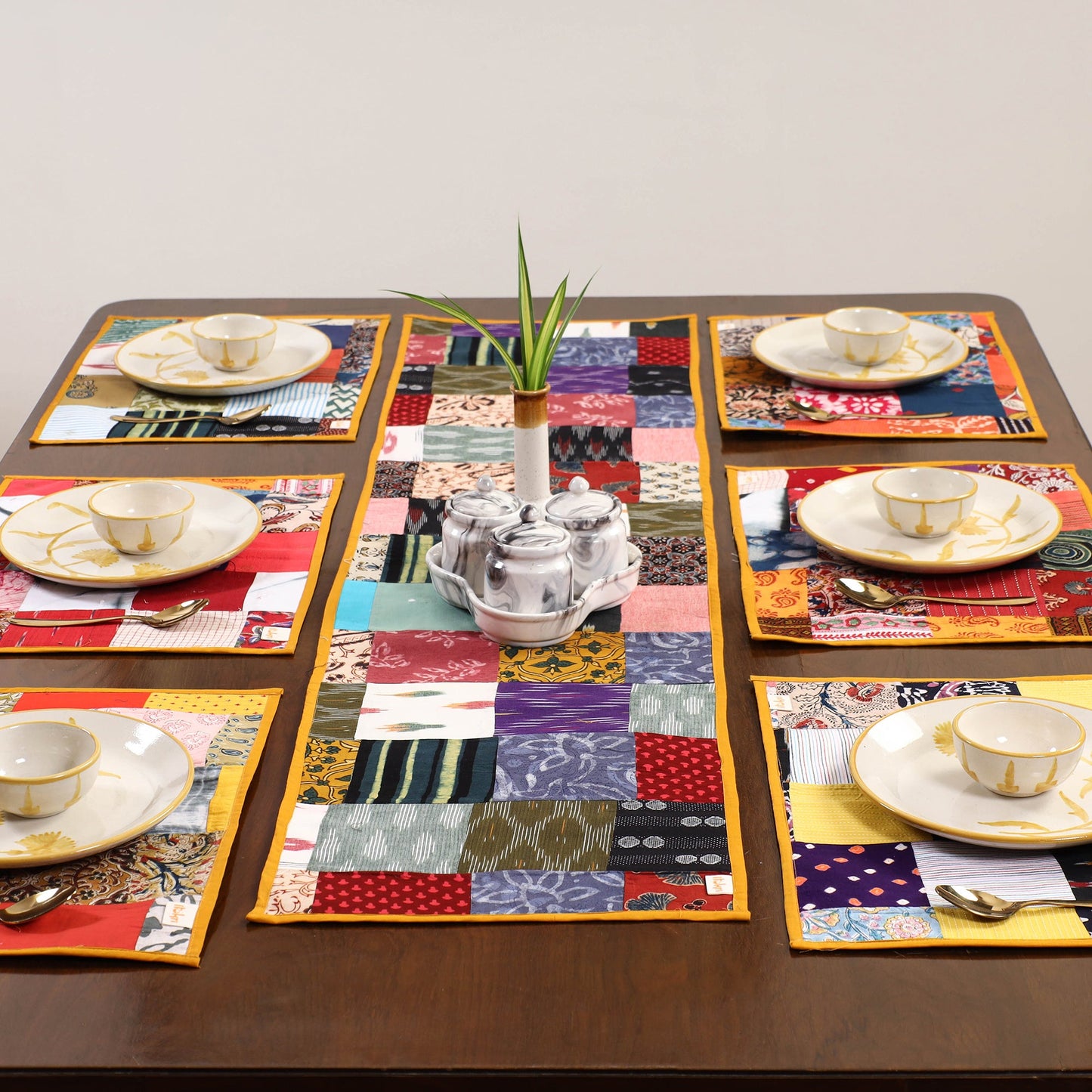 Multicolor - handcrafted cotton fusion table runner set
