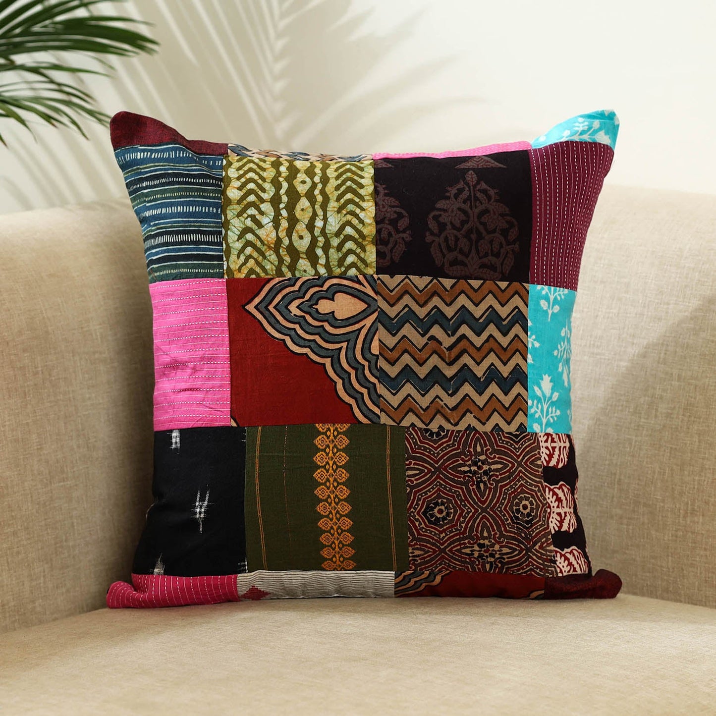 Multicolor - handcrafted cotton patchwork cushion cover 02