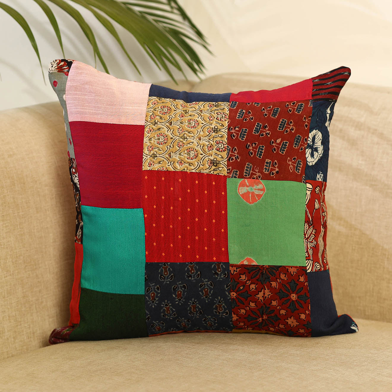 Multicolor Handcrafted Cotton Patchwork Cushion Cover