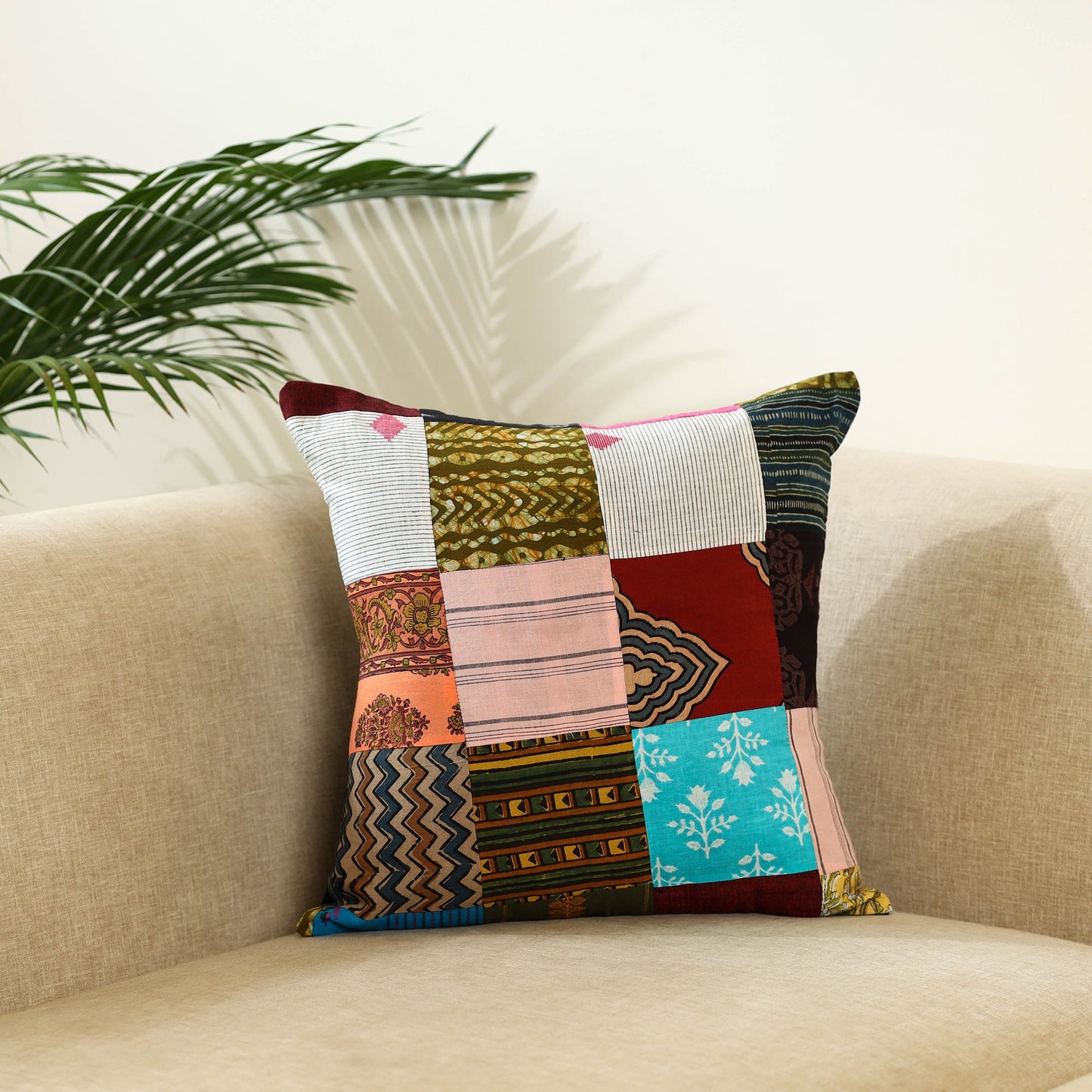 Multicolor Handcrafted Cotton Patchwork Cushion Cover