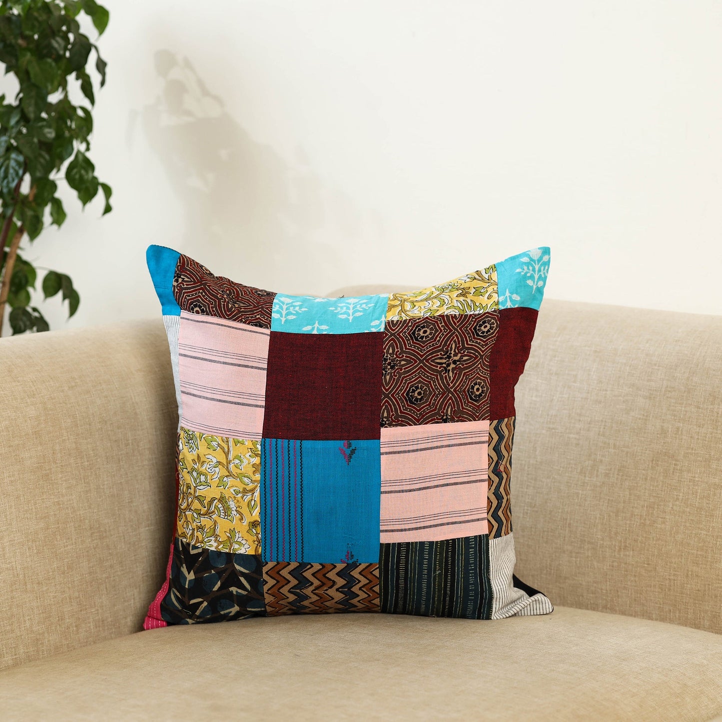 Multicolor Handcrafted Cotton Patchwork Cushion Cover