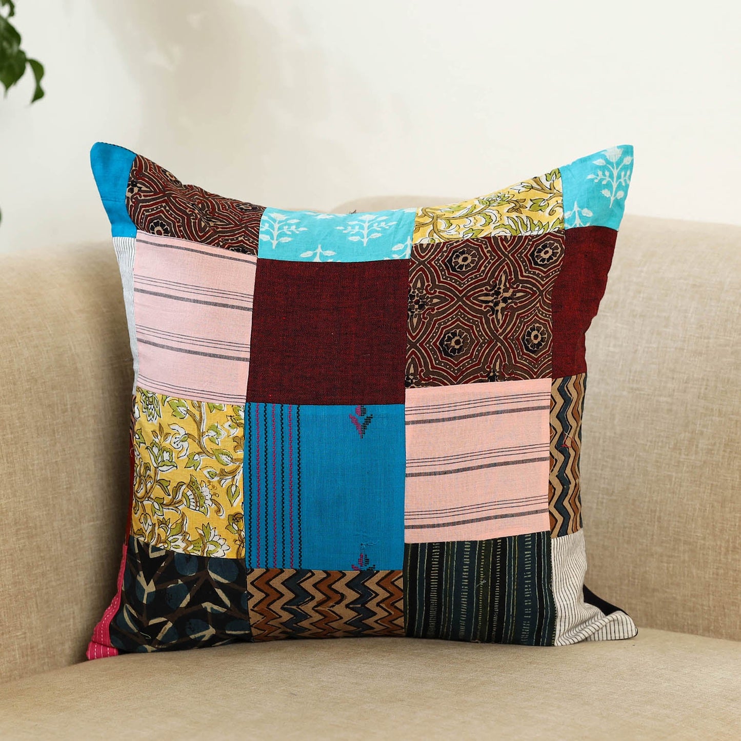 Multicolor Handcrafted Cotton Patchwork Cushion Cover