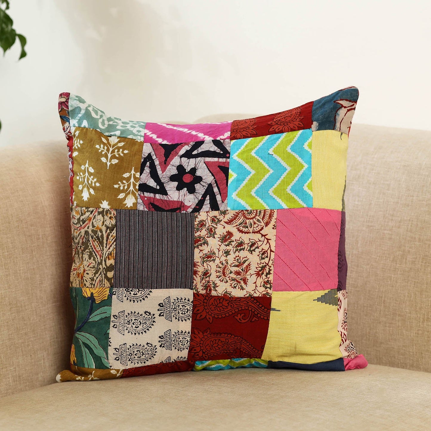 Multicolor Handcrafted Cotton Patchwork Cushion Cover