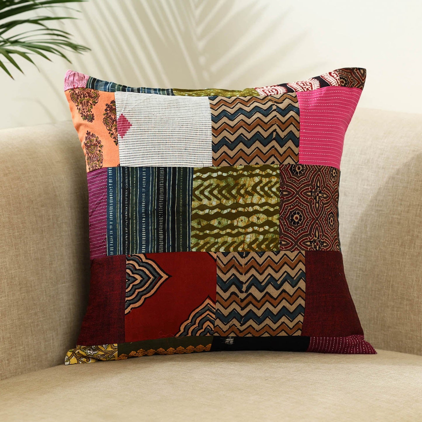 Multicolor Handcrafted Cotton Patchwork Cushion Cover