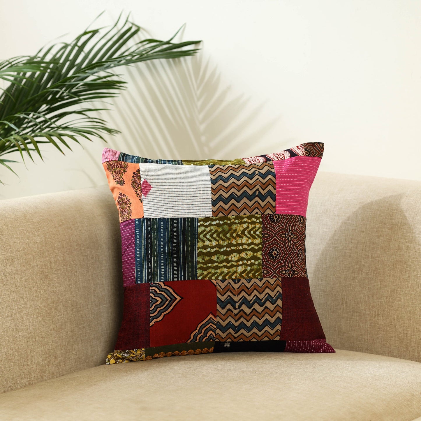 Multicolor Handcrafted Cotton Patchwork Cushion Cover