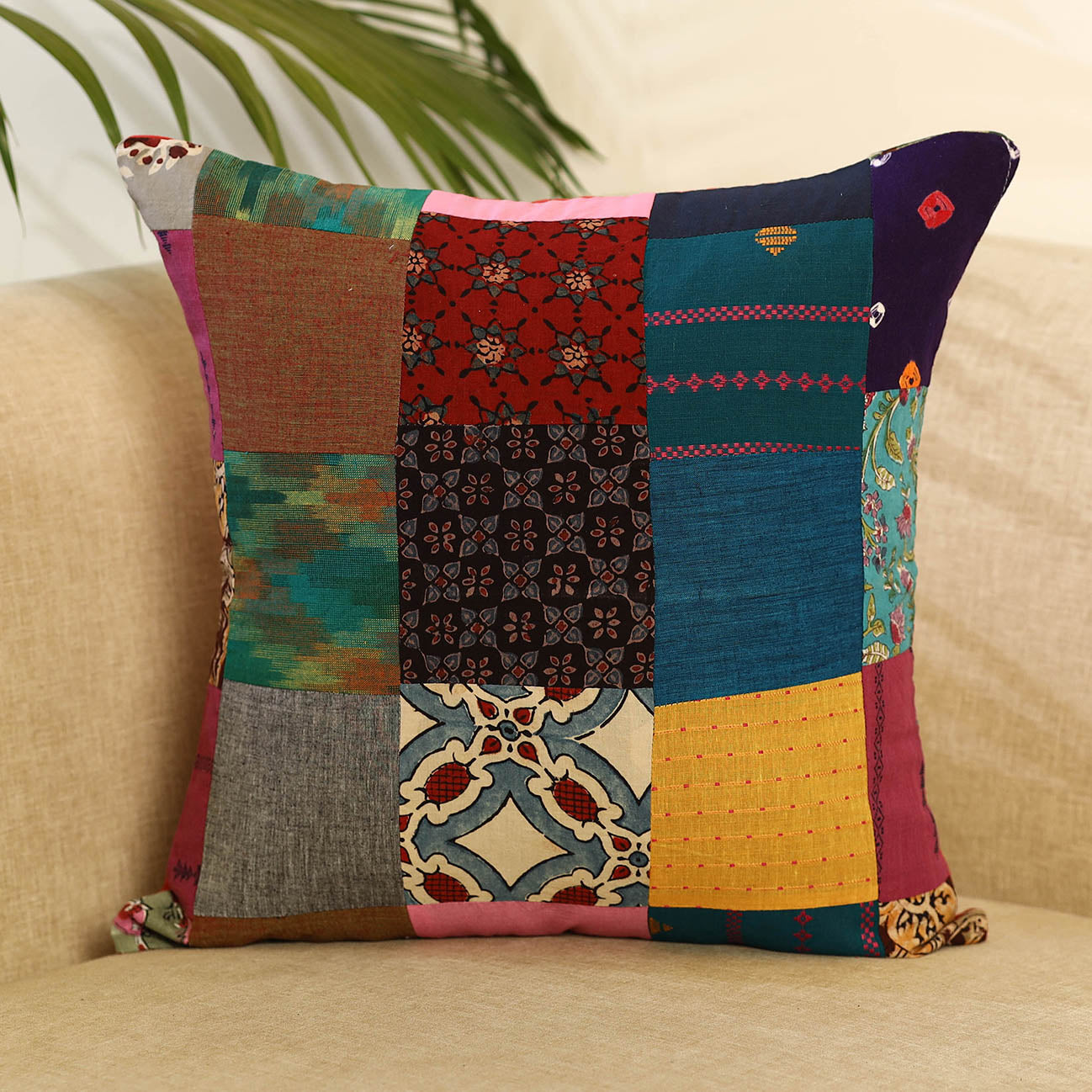 Multicolor Handcrafted Cotton Patchwork Cushion Cover