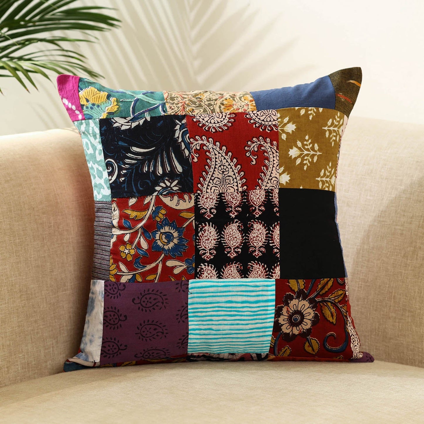Multicolor Handcrafted Cotton Patchwork Cushion Cover