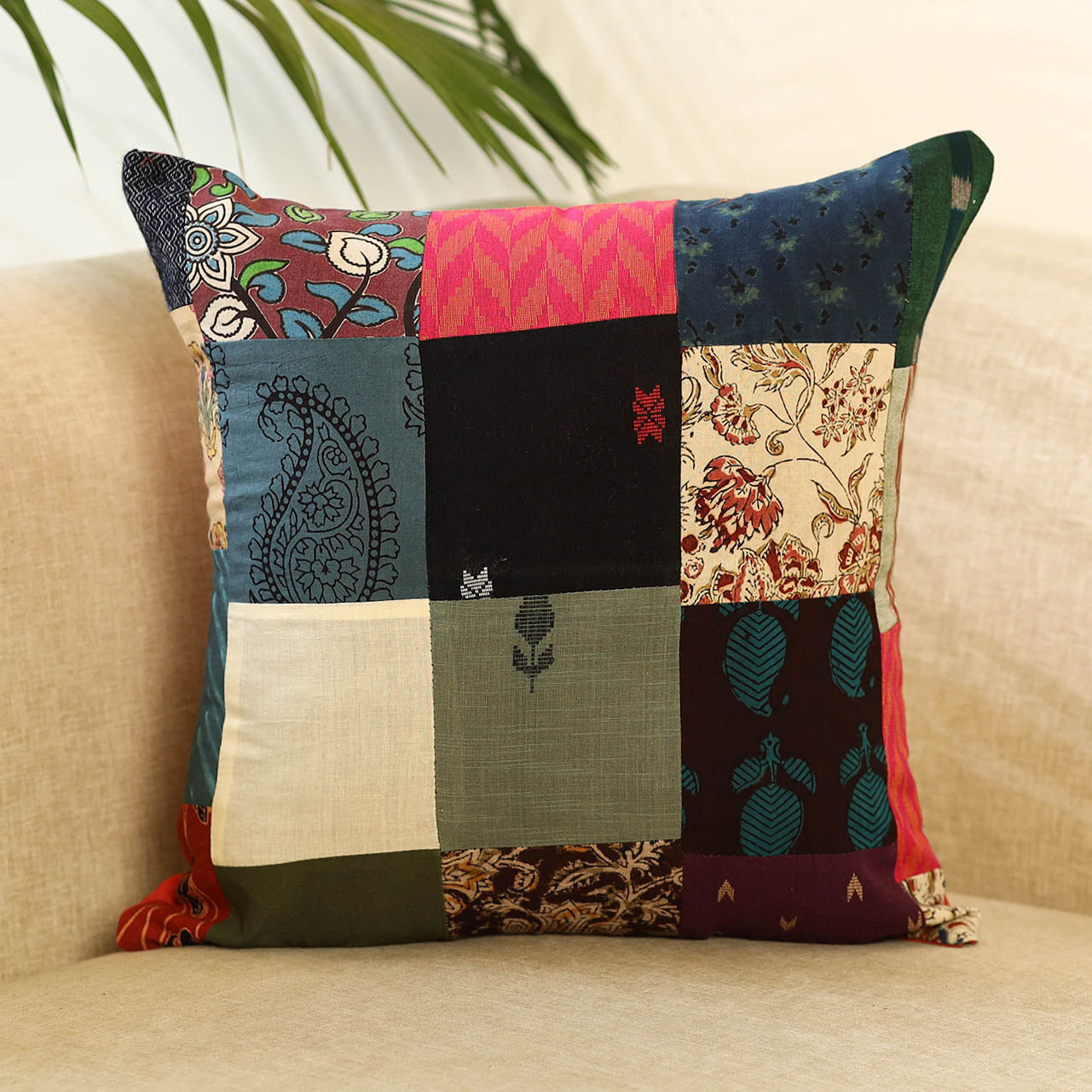 Multicolor Handcrafted Cotton Patchwork Cushion Cover
