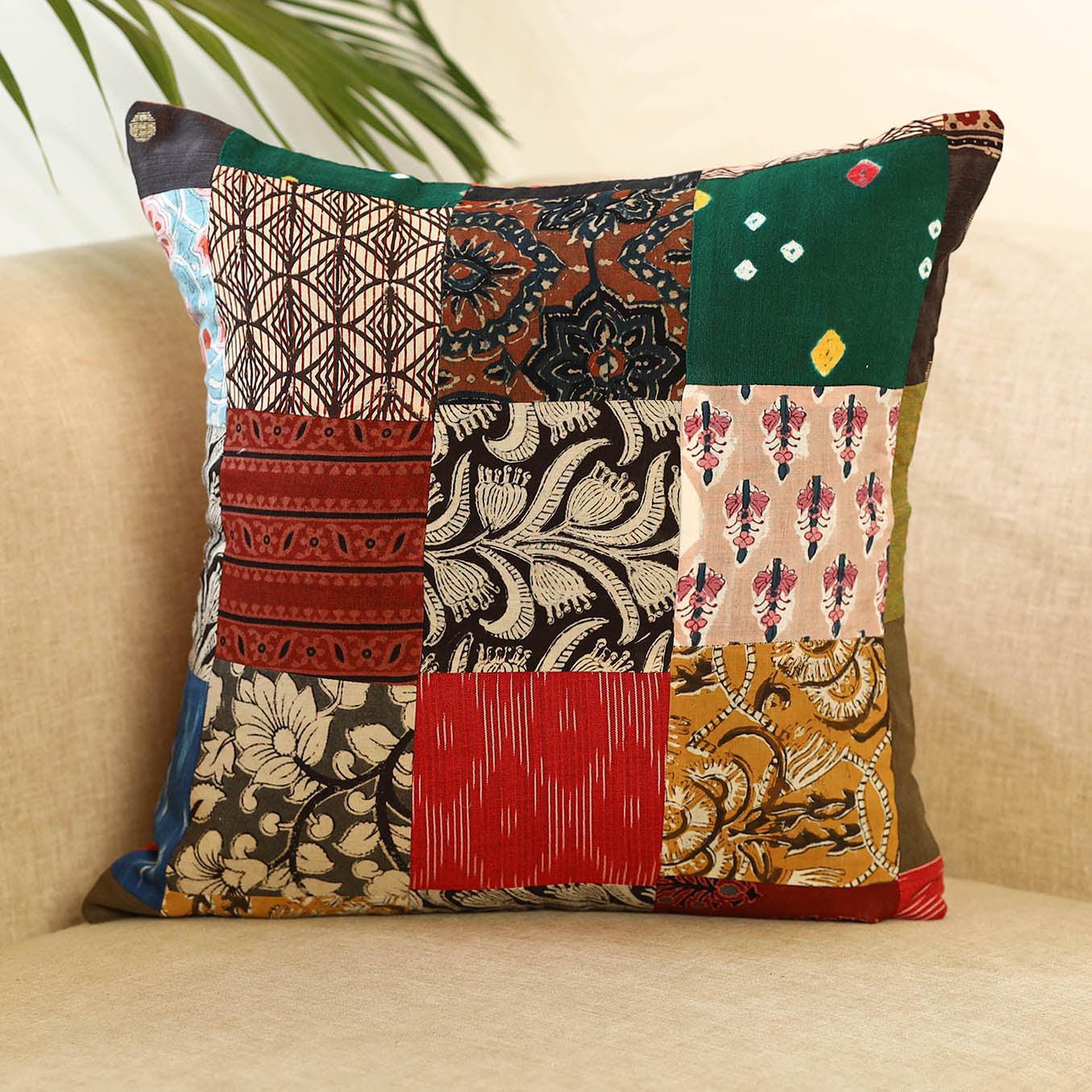 Multicolor Handcrafted Cotton Patchwork Cushion Cover