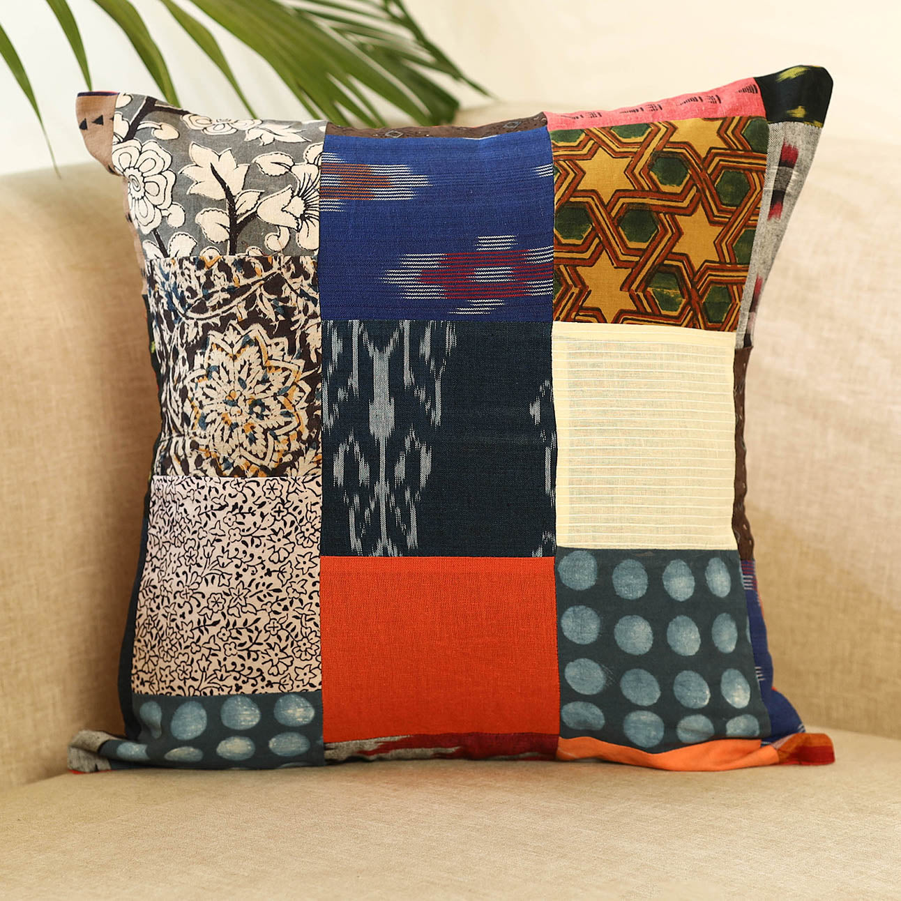 Multicolor Handcrafted Cotton Patchwork Cushion Cover