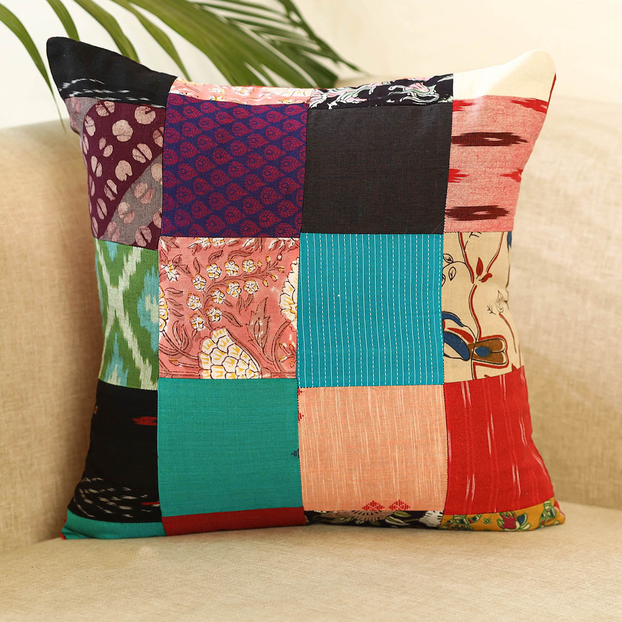 Multicolor - handcrafted cotton patchwork cushion cover 47
