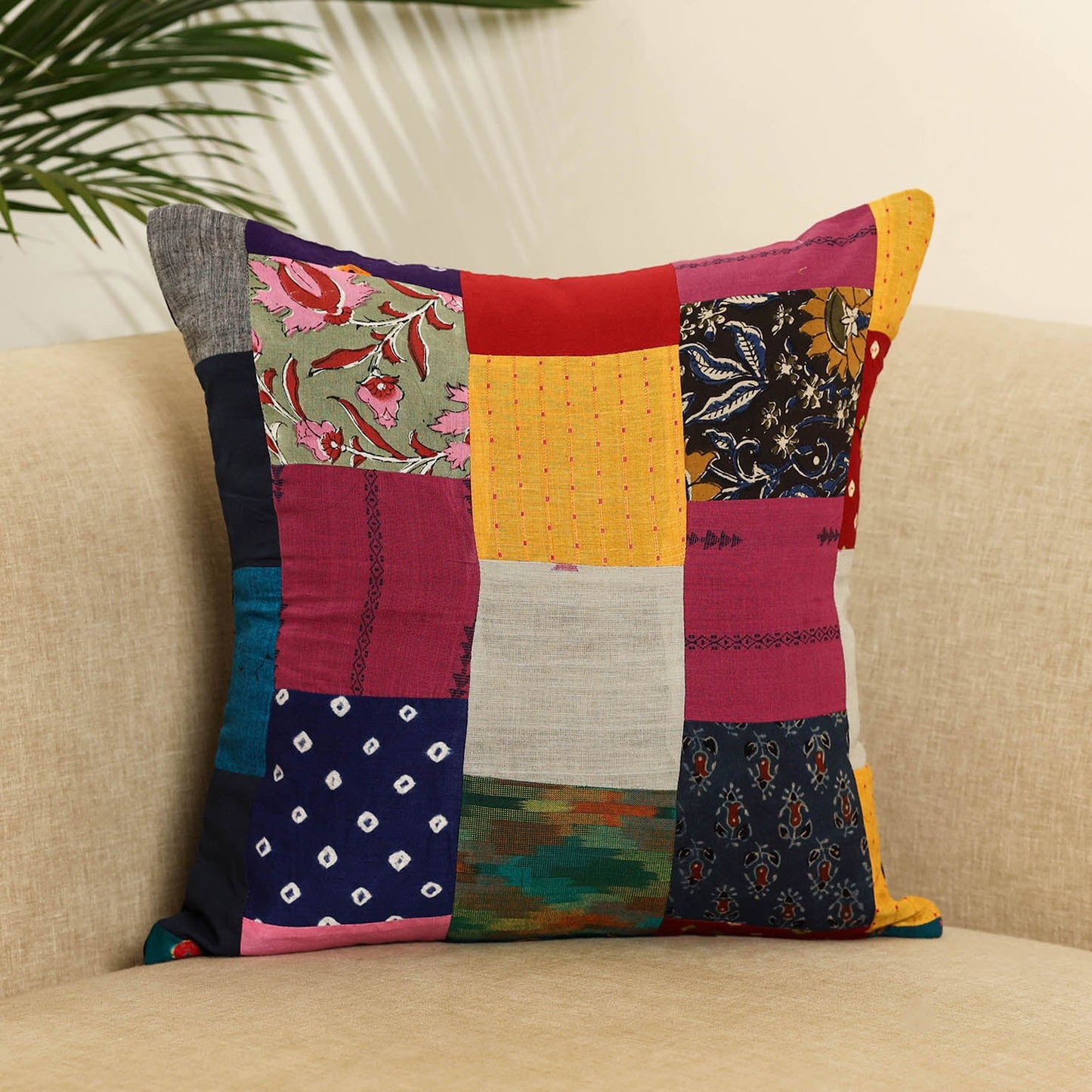 Multicolor Handcrafted Cotton Patchwork Cushion Cover