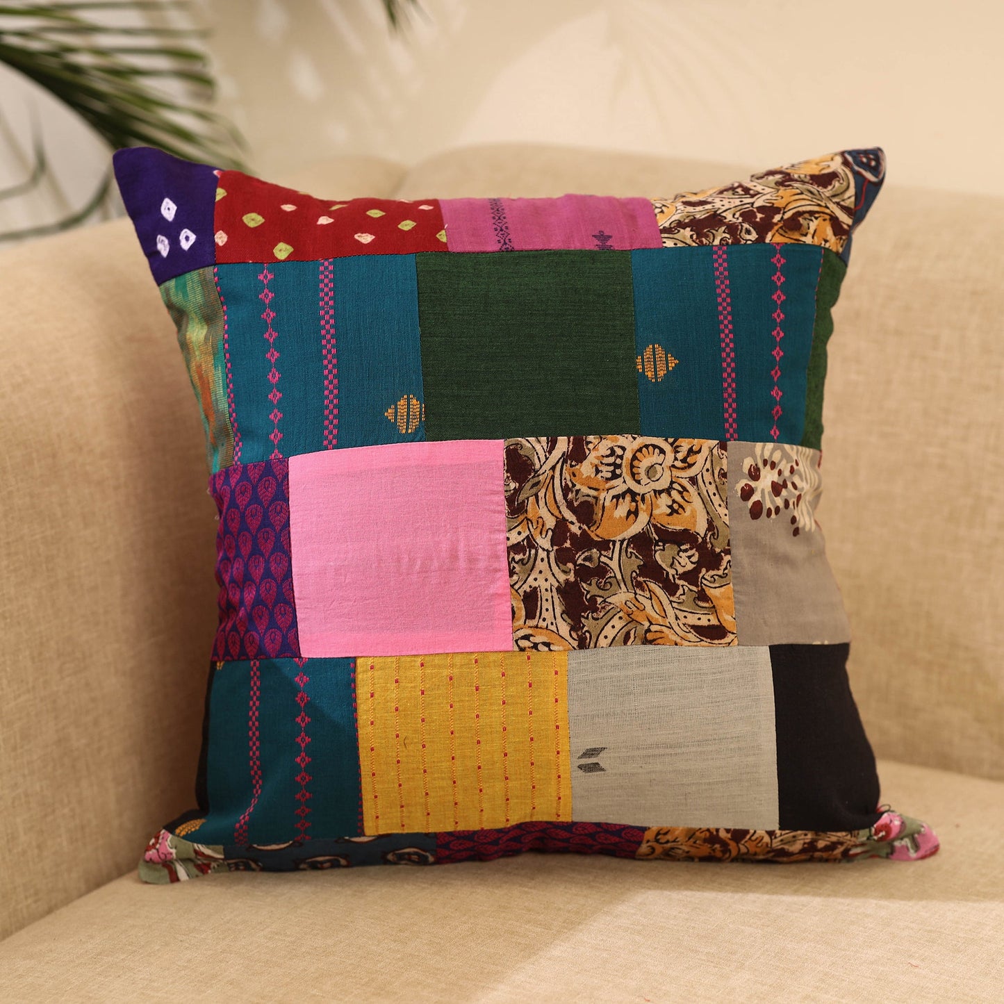 Buy Multicolor Handcrafted Cotton Patchwork Cushion Cover