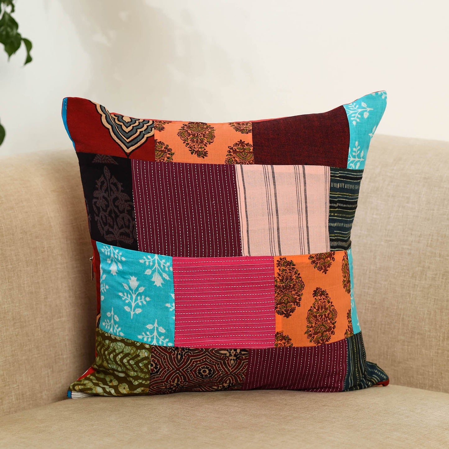 Multicolor Handcrafted Cotton Patchwork Cushion Cover