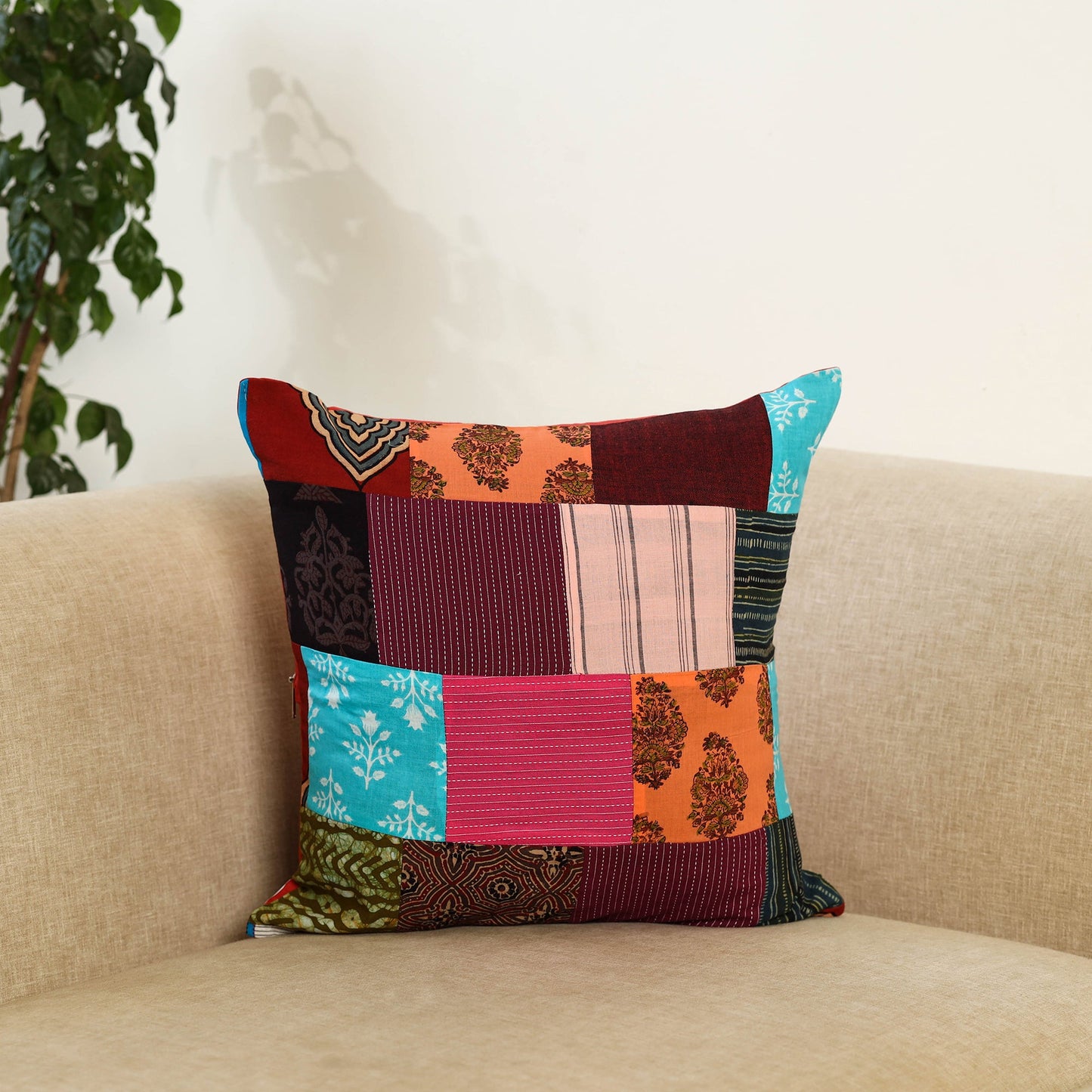 Multicolor Handcrafted Cotton Patchwork Cushion Cover