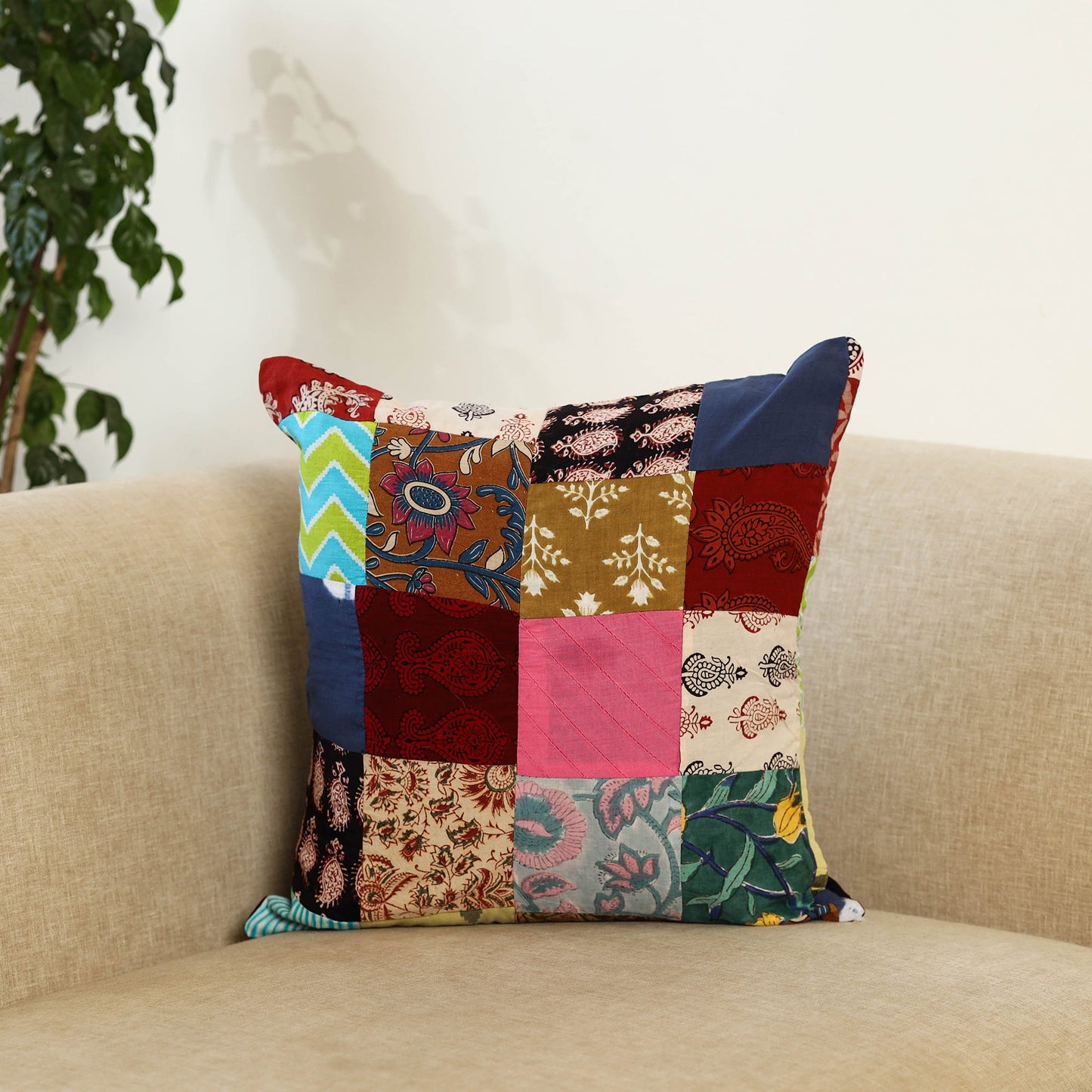 Multicolor Handcrafted Cotton Patchwork Cushion Cover