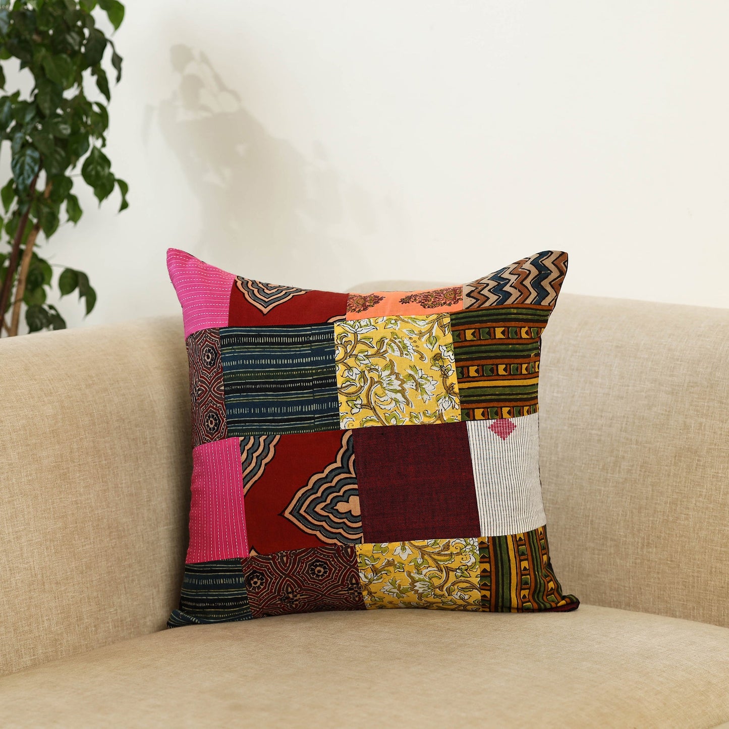 Multicolor Handcrafted Cotton Patchwork Cushion Cover