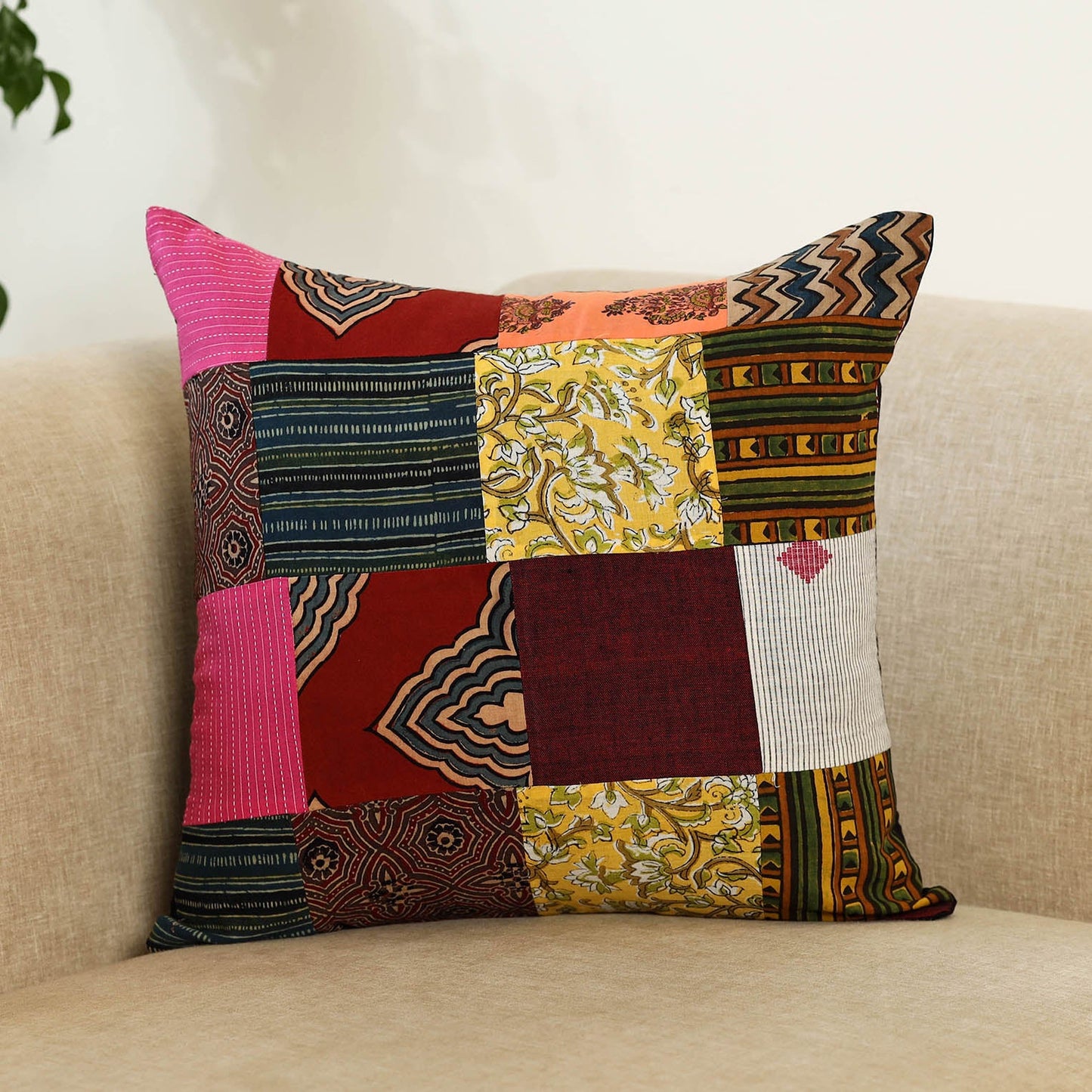 Multicolor Handcrafted Cotton Patchwork Cushion Cover