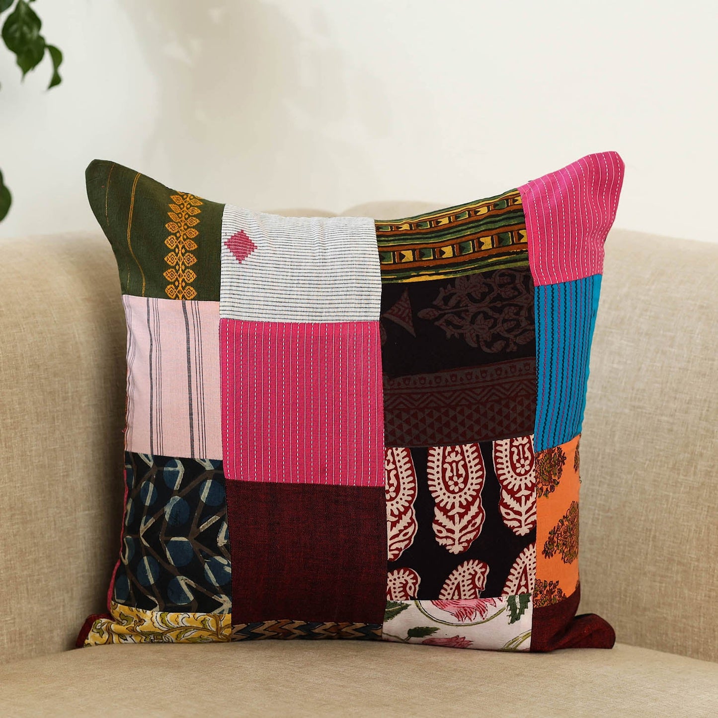 Multicolor Handcrafted Cotton Patchwork Cushion Cover