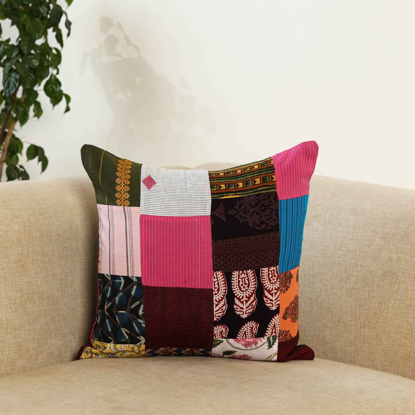 Multicolor Handcrafted Cotton Patchwork Cushion Cover