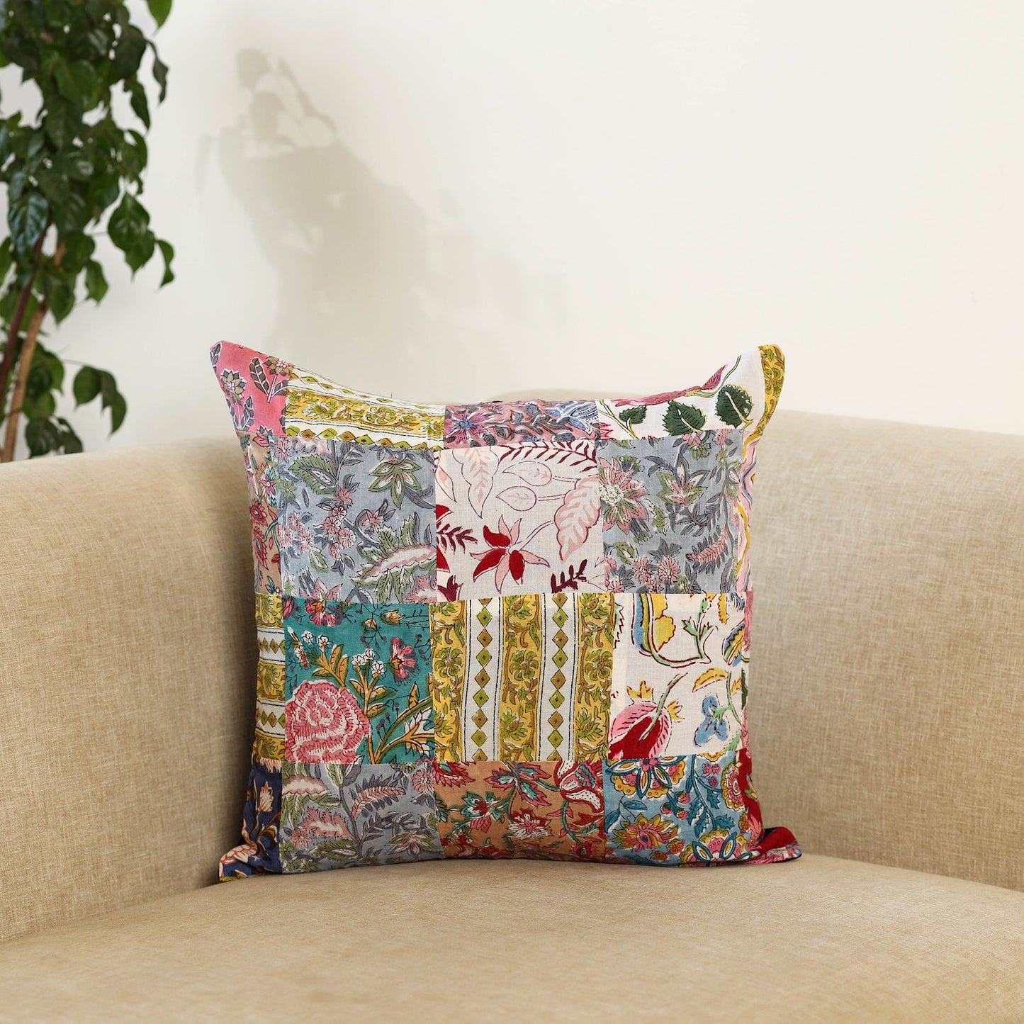 Multicolor Handcrafted Cotton Patchwork Cushion Cover