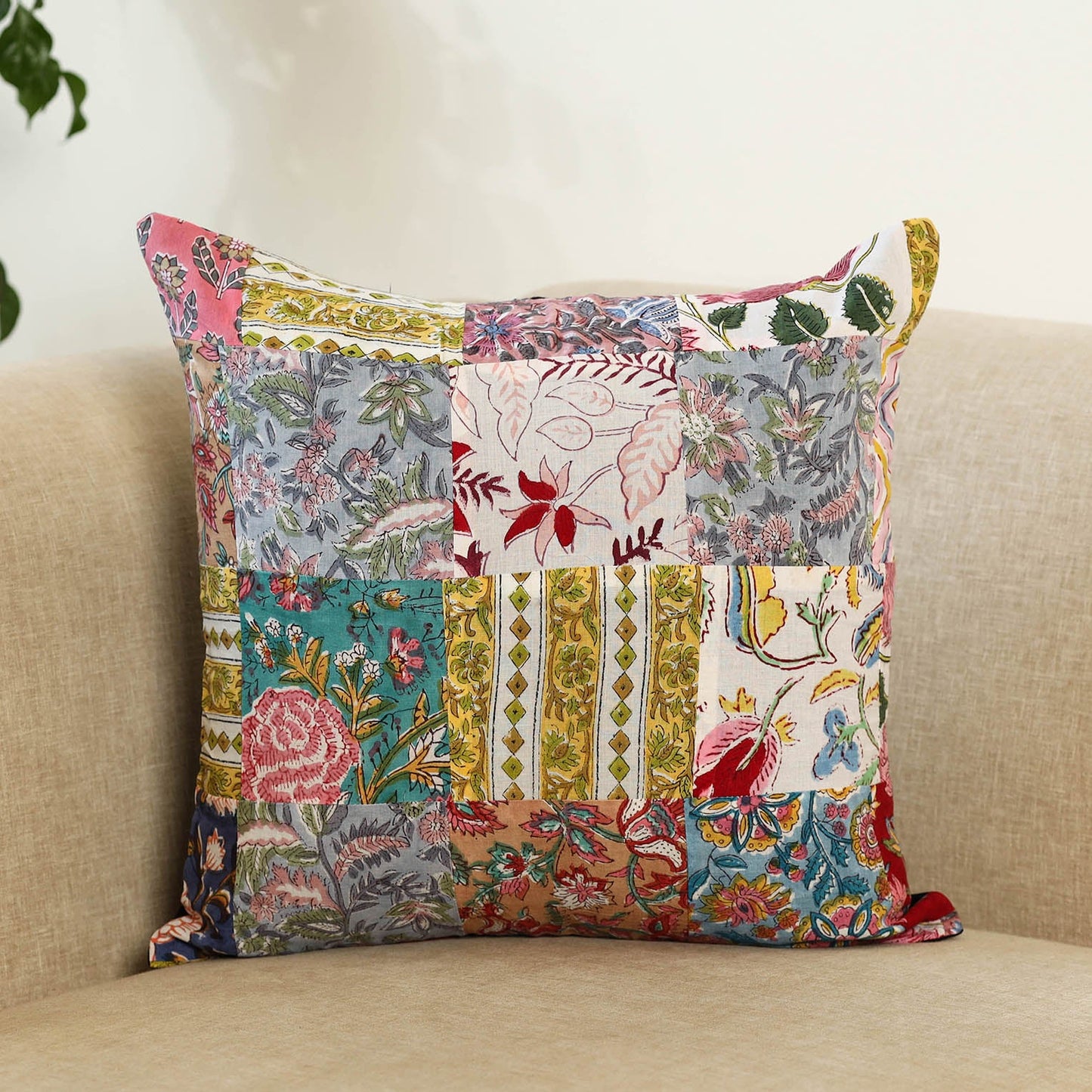 Multicolor Handcrafted Cotton Patchwork Cushion Cover