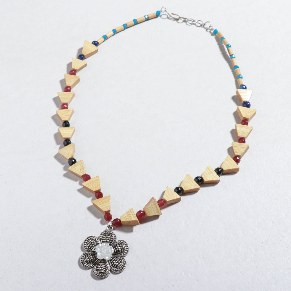 Handcrafted German Silver Flower Pendant Triangle Shaped Bamboo Necklace