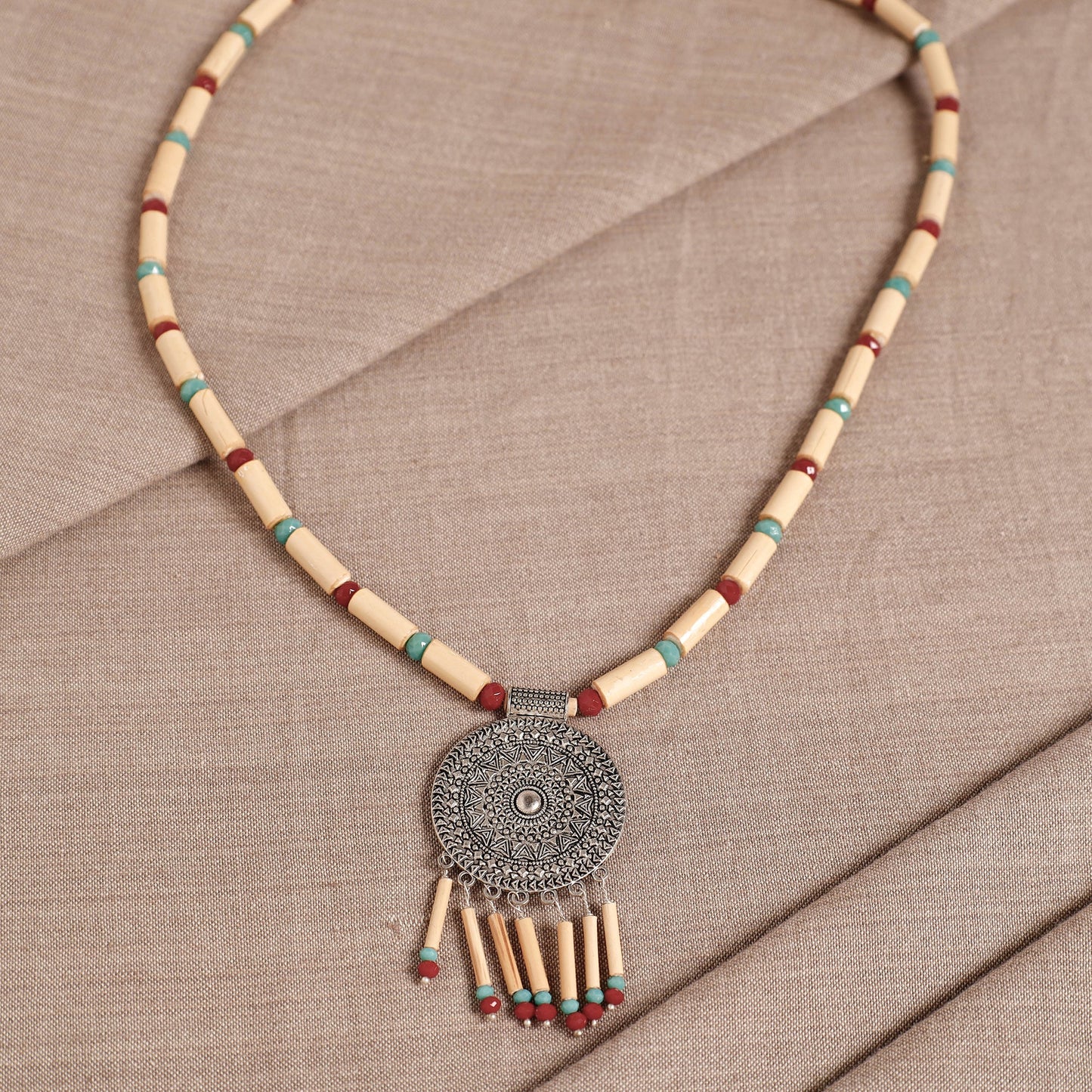 Handcrafted German Silver Pendant Bamboo Necklace.