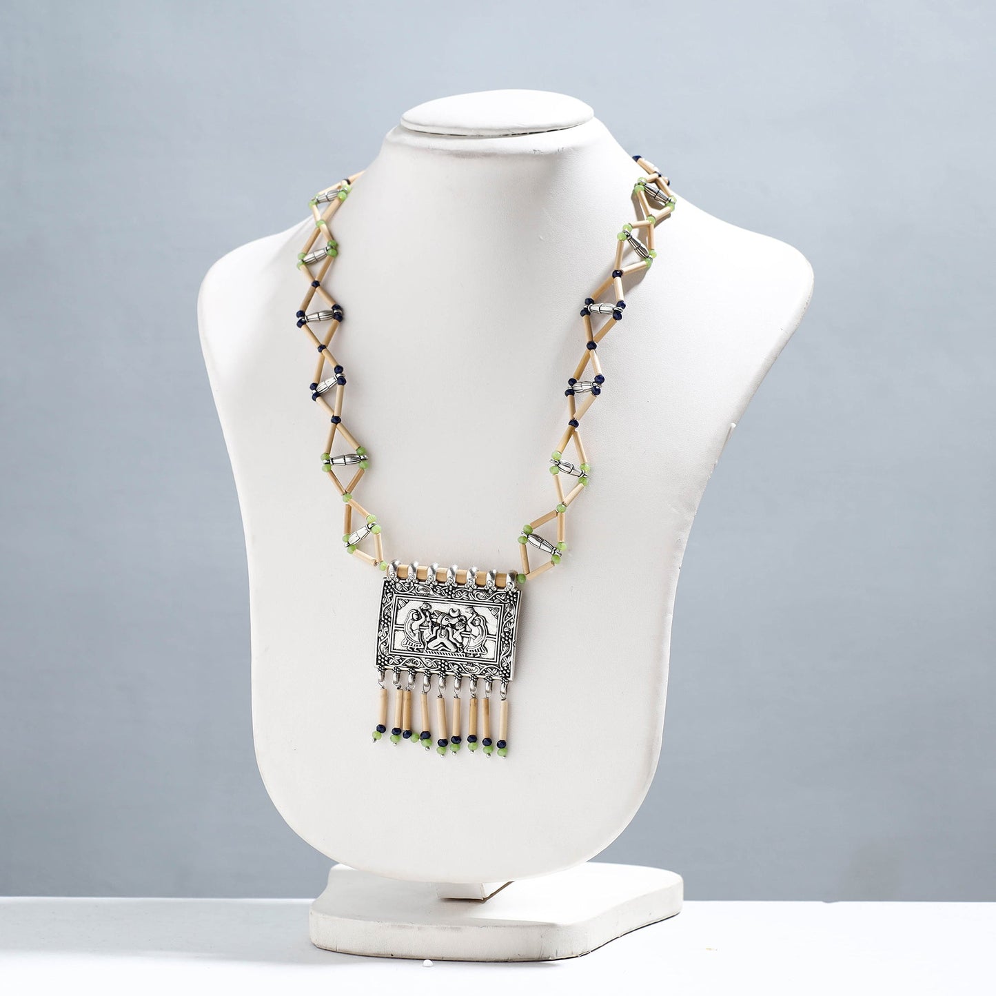 Handcrafted German Silver Pendant Zig Zag Bamboo Necklace