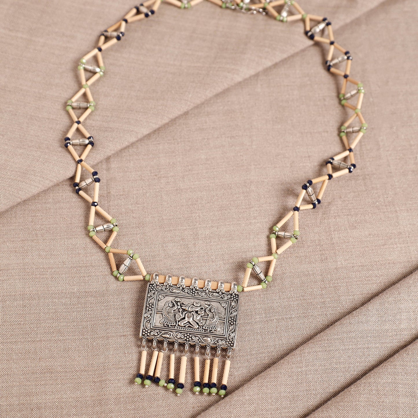Handcrafted German Silver Pendant Zig Zag Bamboo Necklace