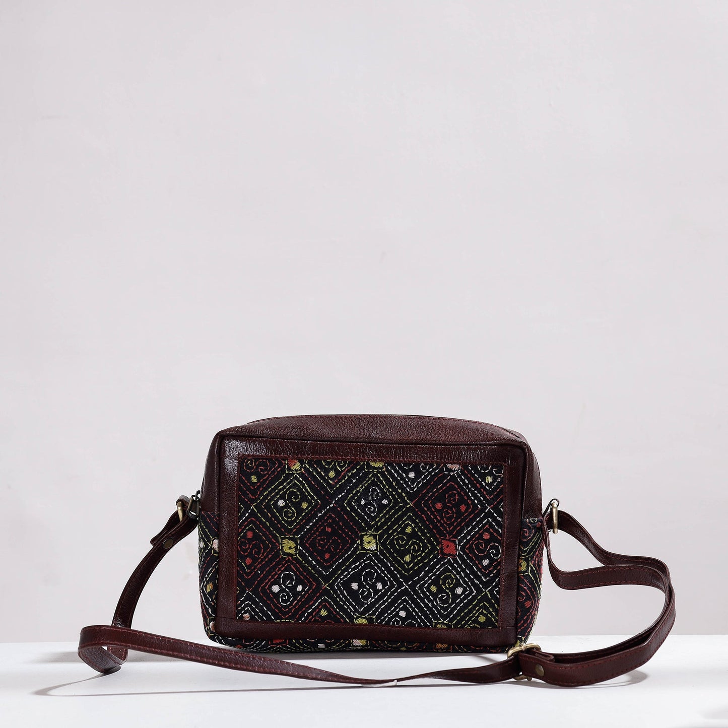 Handcrafted Kantha Embroidery Cotton & Leather Sling Bag