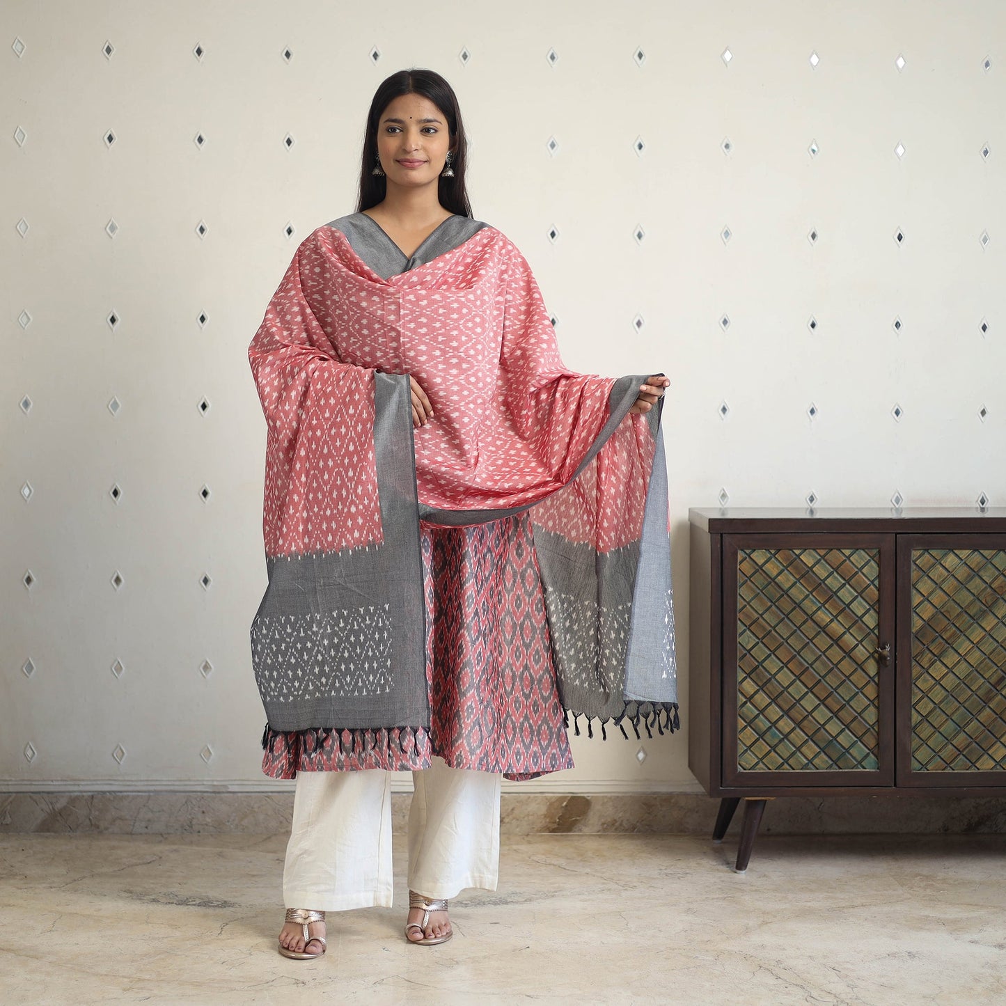Multicolor Handloom Cotton Pochampally Ikat Kurta Set (Set of 3)
