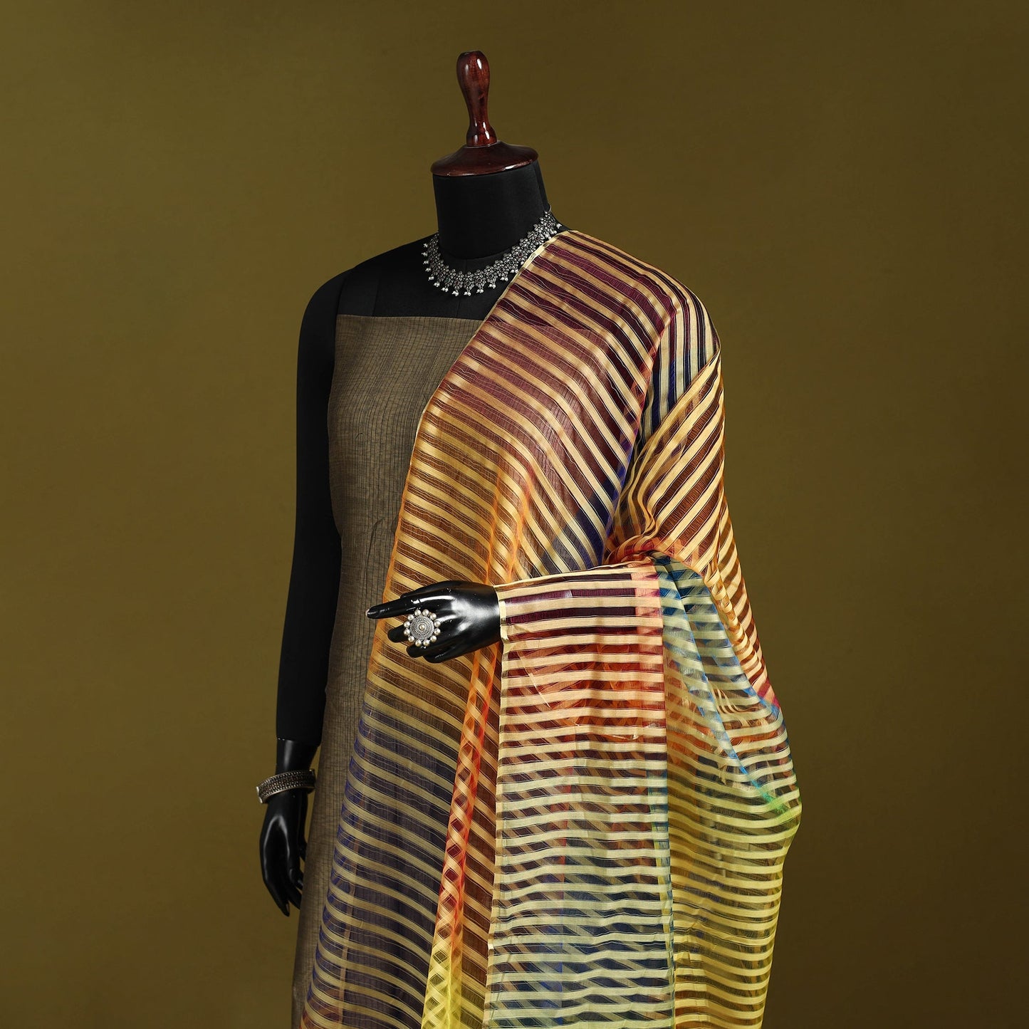 Handloom silk cotton missing weave stripes maheshwari