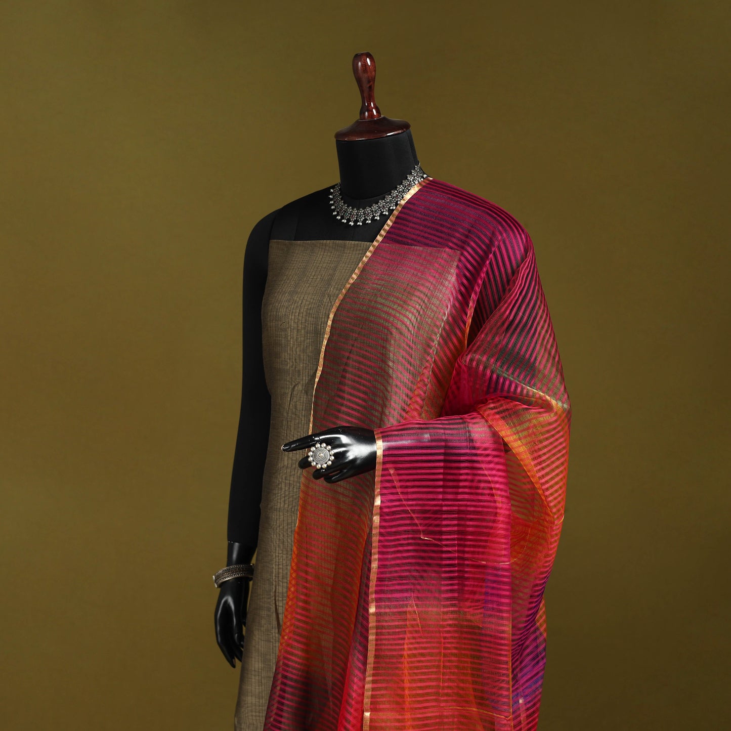 Handloom silk cotton missing weave stripes maheshwari
