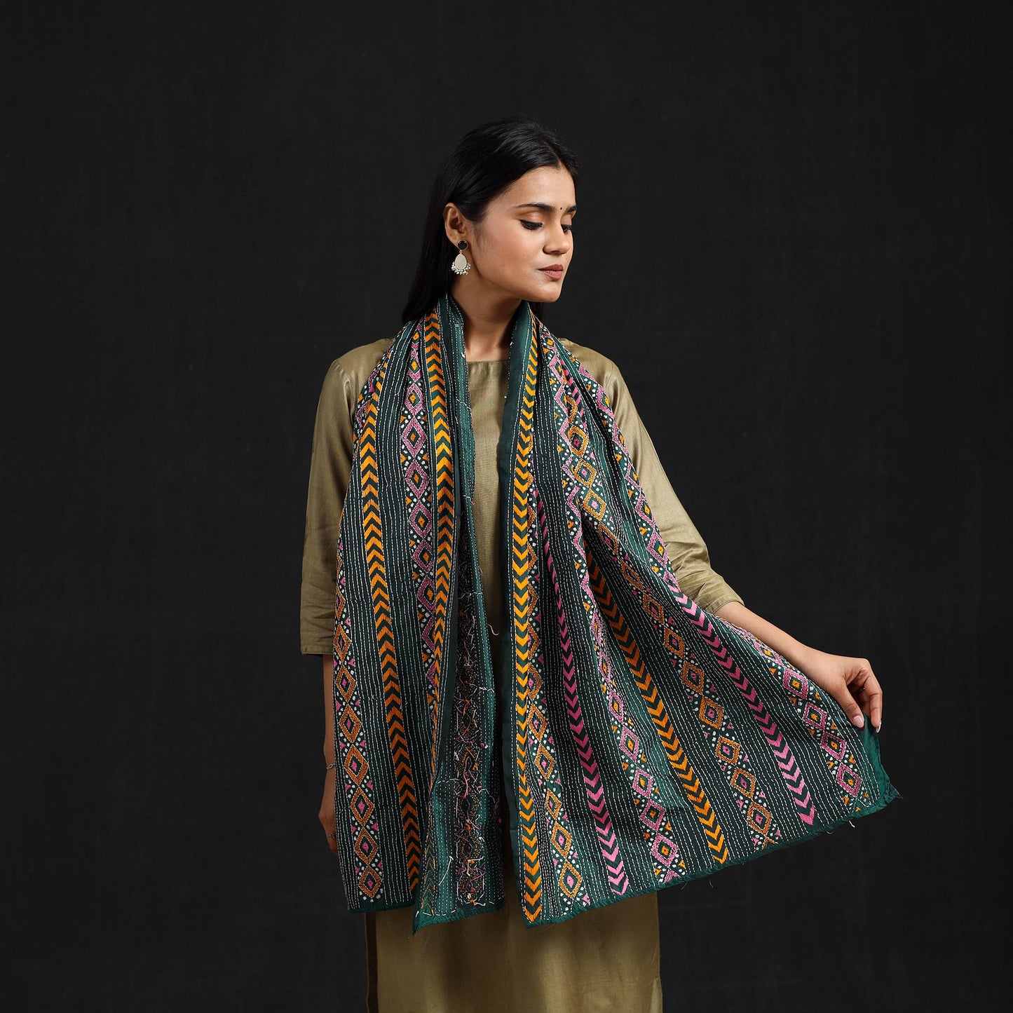 Multicolor - handloom tussar silk bengal kantha work stole