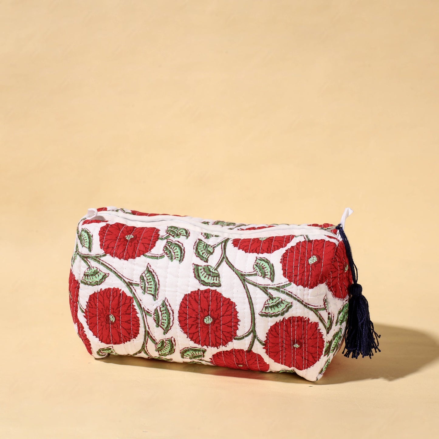 Handmade Cotton Fabric Quilted Utility Pouch With Tassel