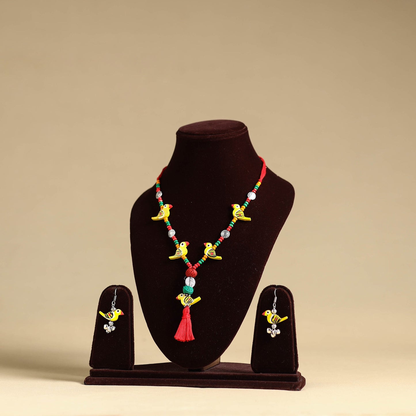 Yellow Handmade Wooden Bird Beaded Necklace Set