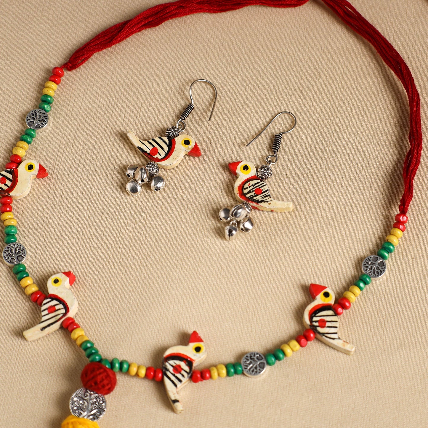 Yellow Handmade Wooden Bird Beaded Necklace Set