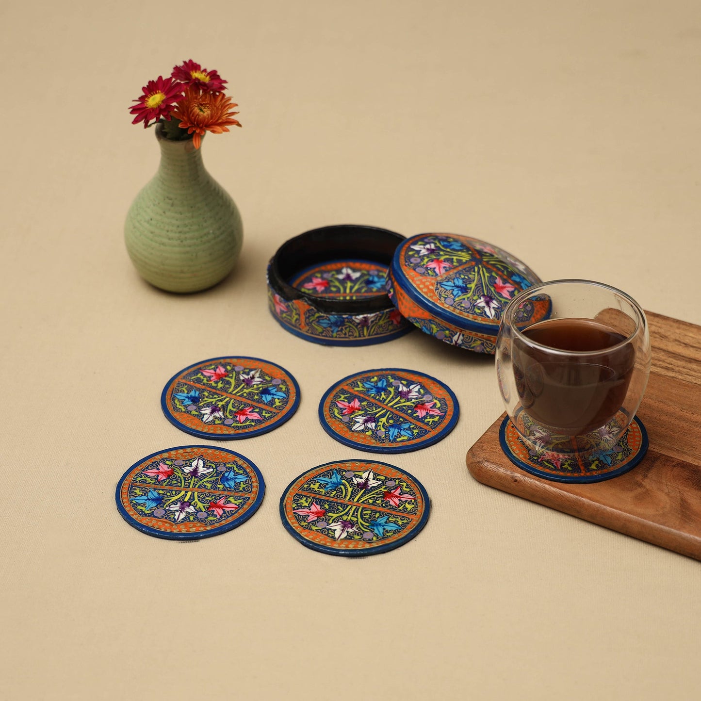 Multicolor - handpainted paper mache coaster with box (set