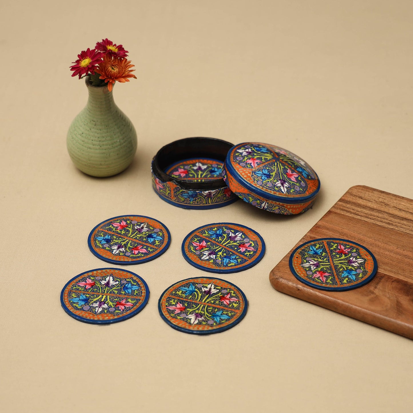 Multicolor - handpainted paper mache coaster with box (set