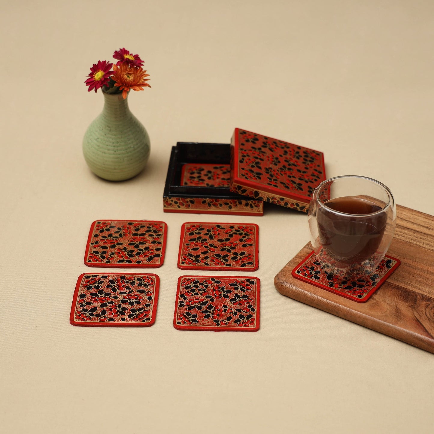 Multicolor - handpainted paper mache coaster with box (set