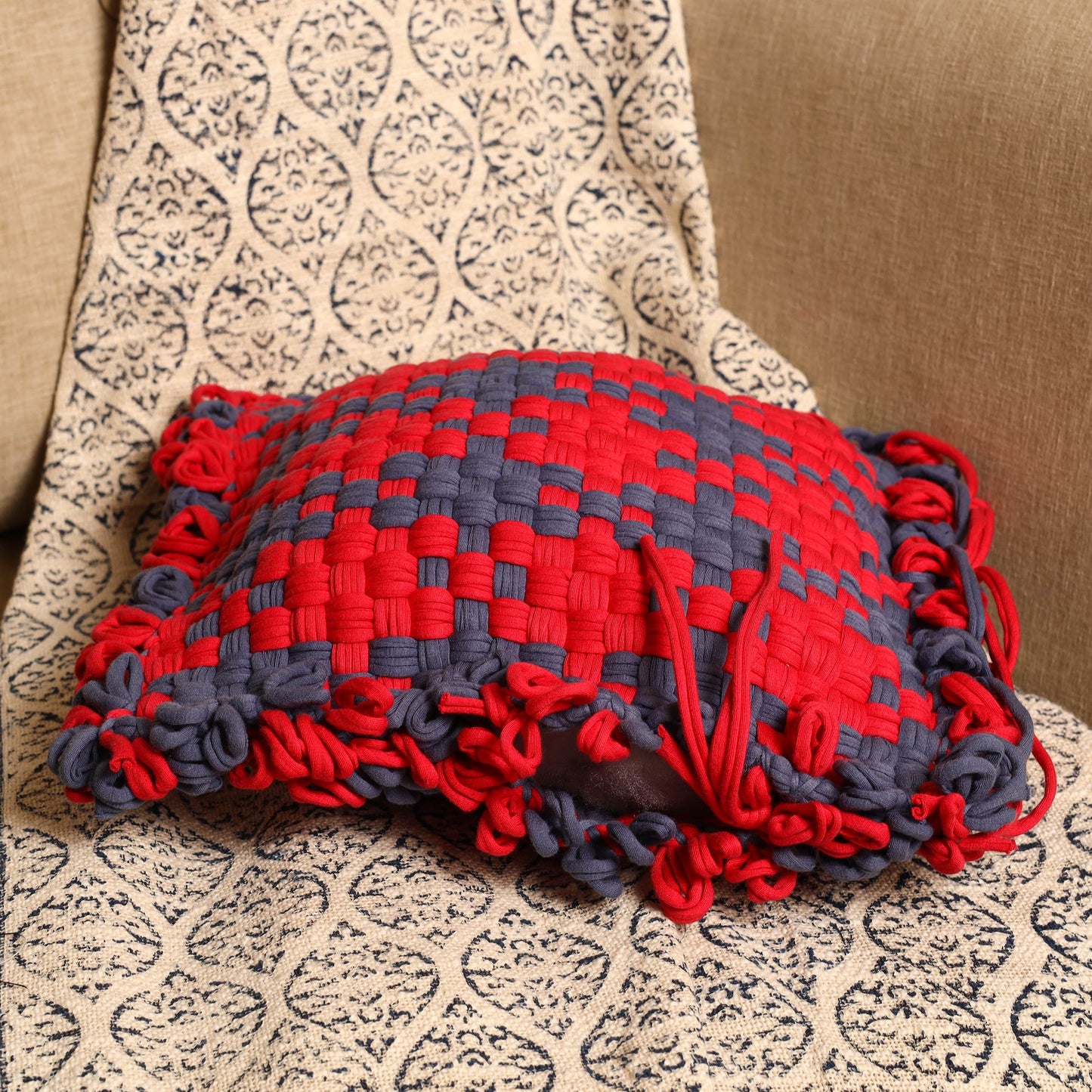 Multicolor - handwoven upcycled cotton cushion cover (12 x
